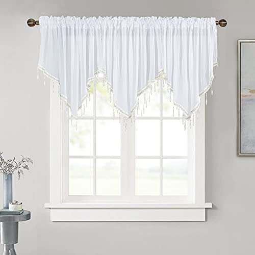 Popuid Swag Window Sheer Voile Ascot Valance with Tassel Beads Rod Pocket Elegant Treatment Valances for Farmhouse Kitchen Cafe Bedroom 51 by 24 Inches (White, 3 Panels)