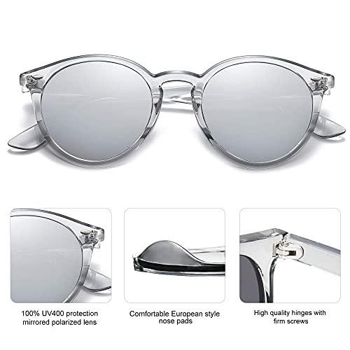 SOJOS Retro Round Polarized Sunglasses for Women Men Circle Frame UV400 Lenses SJ2069, Clear Grey/Silver Mirrored