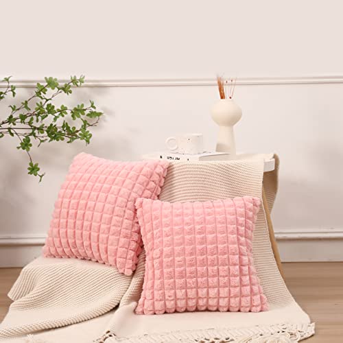 MANDIOO Set of 2 Super Soft Plush Faux Fur Throw Pillow Covers 16x16 Inch,Plaid Texture Modern Luxury Decorative Pillow Case Coushion Cover for Home Decor Sofa Couch Bed Livingroom Farmhouse,Pink