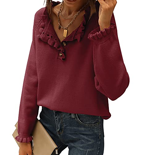 BTFBM Women's Sweaters Casual Long Sleeve Button Down Crew Neck Ruffle Knit Pullover Sweater Tops Solid Color Striped(Solid Jujube Red, Medium)
