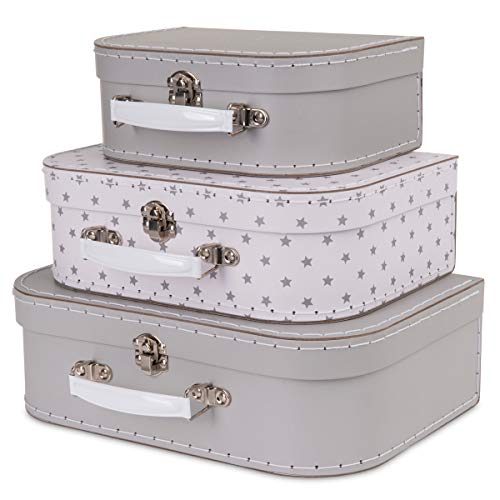 Jewelkeeper Paperboard Suitcases, Set of 3 – Nesting Storage Gift Boxes for Birthday Wedding Easter Nursery Office Decoration Displays Toys Photos – Gray Stars Design