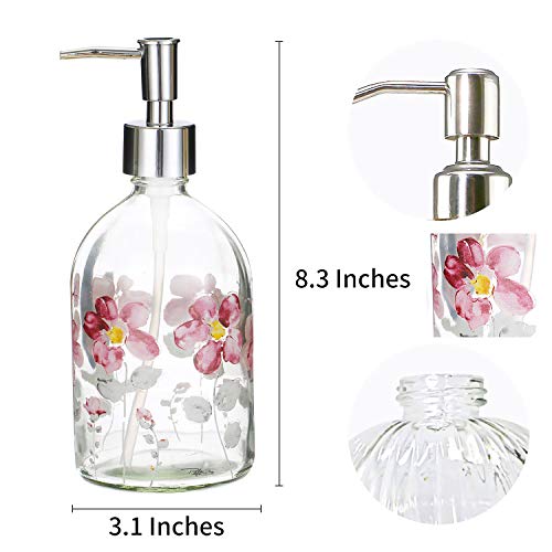 Topadorn 17oz Flower Glass Soap Dispenser Bottle with Plastic Pump,Set of 2