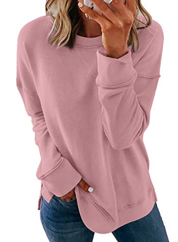 Acelitt Womens Juniors Long Sleeve Round Neck Casual Loose Lightweight Soft Cozy Solid Shirts Sweatshirts Clothing Pullover Tops Blouse Pink Small