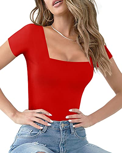 MANGOPOP Womens Short Sleeve/Long Sleeve Square Neck T Shirts Tops Tees (Short Sleeve Redd, Medium)