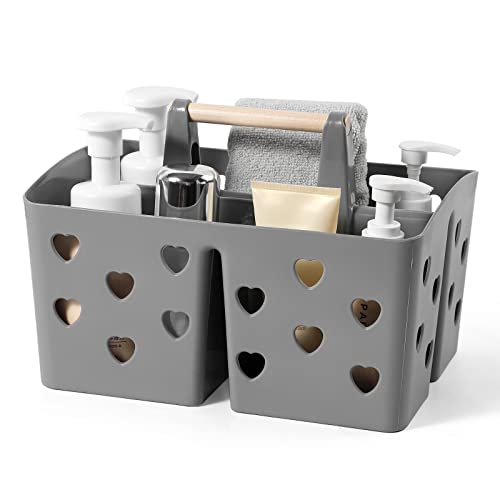Anyoifax Portable Shower Caddy Cleaning caddy Plastic Basket with Wood Handle Divided Shower Tote Storage Organizer for Bathroom, College Dorm, Kitchen, Bedroom - Grey