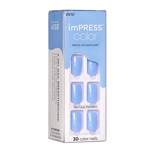 KISS imPRESS Color Press-On Manicure, Gel Nail Kit, PureFit Technology, Short Length, “Baby Why So Blue”, Polish-Free Solid Color Mani, Includes Prep Pad, Mini File, Cuticle Stick, and 30 Fake Nails