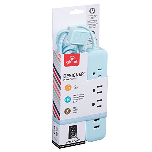 Globe Electric 78255 Designer Series 6ft 3-Outlet USB Surge Protector Power Strip, 2x USB Ports, Surge Protector, Mint Finish