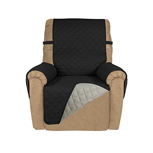 PureFit Reversible Quilted Recliner Sofa Cover, Water Resistant Slipcover Furniture Protector, Washable Couch Cover with Elastic Straps for Kids, Dogs, Pets (Recliner, Black/Beige)