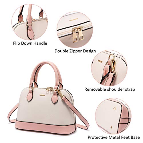 Small Colorblock Crossbody Domed Shoulder Bag w/Handles & Double Zip Top - Pink/Beigee
