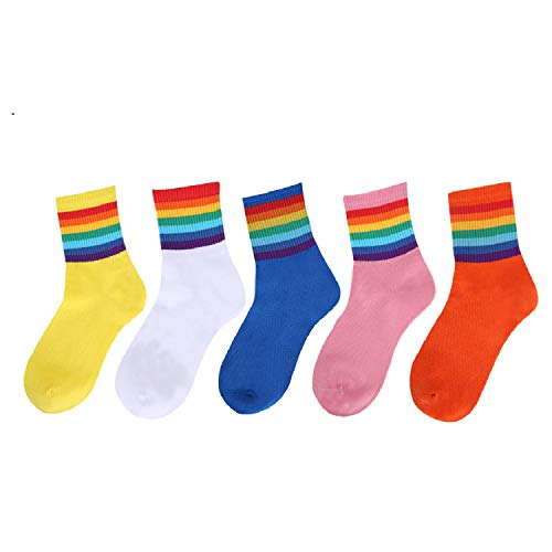 Womens Novelty Funny Crew Socks Girls Cute Floral Colorful Patterned Socks Silly Funky Casual Cotton Flower printed Socks Gift，5 Pack-rainbow Stripes