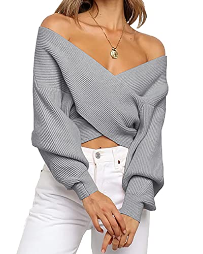 BTFBM Women Casual V Neck Long Sleeve Sweaters Cross Wrap Front Off Shoulder Asymmetric Hem Knitted Crop Solid Pullover(Solid Grey, X-Large)