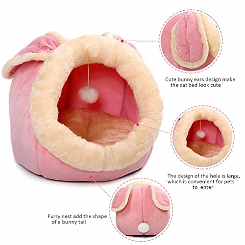 Cat Beds for Indoor Cats - Small Dog Bed with Anti-Slip Bottom, Rabbit-Shaped Cat/Small Dog Cave with Hanging Toy, Puppy Bed with Removable Cotton Pad, Super Soft Calming Pet Sofa Bed (Pink Medium)