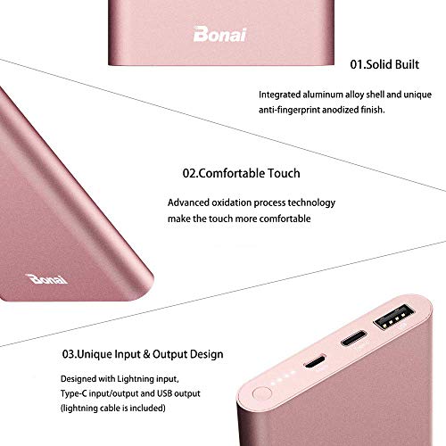 BONAI Portable Charger, (Aluminum)(Powerful) 12000mAh Power Bank, USB C High-Speed 3.0A Input/Output External Battery Pack Compatible with iPhone 13/13 Pro Max/12/12 PM iPad Samsung Android-Blush Gold