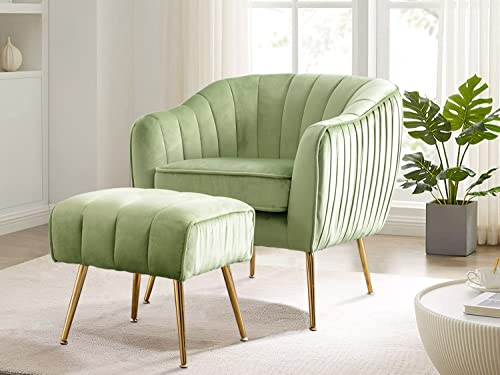 Altrobene Velvet Accent Chair with Ottoman, Modern Tub Arm Chair Footstool Set for Living Room Bedroom, Golden Finished, Grass Green