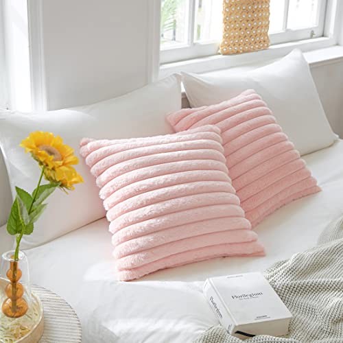 Uhomy Set of 2 Faux Fur Home Decorative Throw Pillow Cover Luxury Super Soft Fuzzy Striped Furry Pillowcase for Sofa Couch Bedroom Comfy Thick Fluffy Plush Cushion Cover 18x18 Inch Bright Pink 45 cm