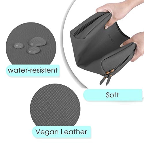 Large Vegan Leather Makeup Bag Zipper Pouch Travel Cosmetic Organizer for Women and Girls (Large, Dark Grey)