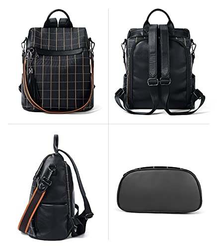 BROMEN Backpack Purse for Women Leather Anti-theft Travel Backpack Fashion Shoulder Bag Balck Plaid