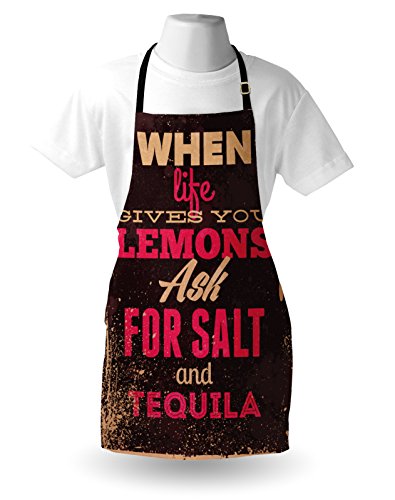 Lunarable Vintage Apron, When Life Gives You Lemons Tequila Alcohol Words Yin Yang Grunge Image, Unisex Kitchen Bib with Adjustable Neck for Cooking Gardening, Adult Size, Brown Pink