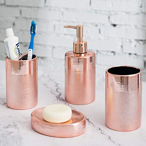 MyGift 4-Piece Rose Gold Modern Textured Ceramic Bathroom Set with Soap Dish, Pump Dispenser, Toothbrush Holder & Tumbler