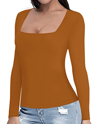 MANGOPOP Womens Short Sleeve/Long Sleeve Square Neck T Shirts Tops Tees (Long Sleeve Camel, Medium)