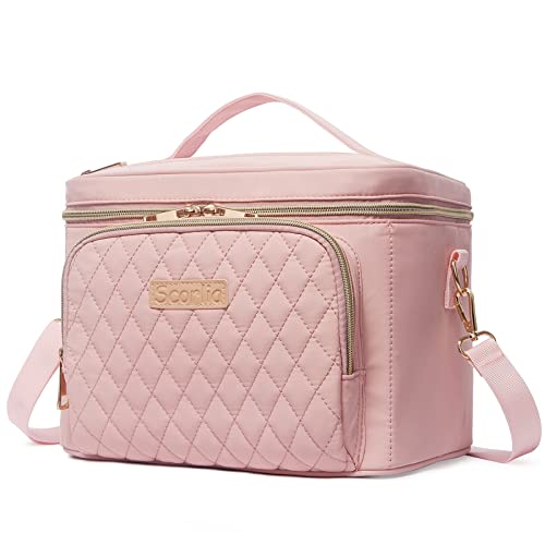 Travel Makeup Bag for Women, Scorila Large Cosmetic Case Organizer Fits Bottles Vertically, Toiletry Bag with Adjustable Dividers and Brush Holder, Portable Storage Bag with Strap for Girls, Pink