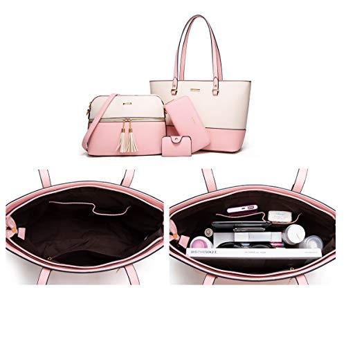 4-Pcs Pink & Beige Handbag, Tote, Shoulder Bag, Satchel Purse Set - Pink and Caboodle