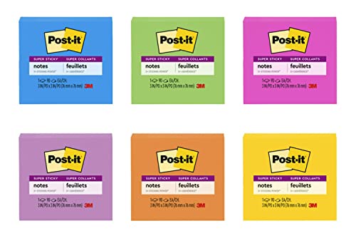 Post-it Super Sticky Notes, 2x Sticking Power, 3 x 3-Inches, Assorted Bright Colors, 1-Pad/Pack