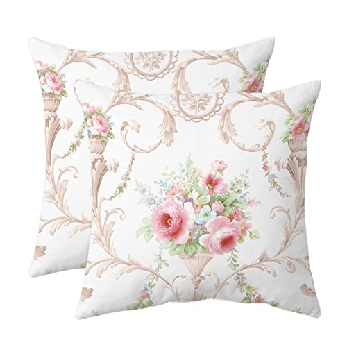 Vintage Floral Throw Pillow Covers Set of 2 Decorative Rose Art Couch Pillow Cases Farmhouse Shabby Chic Pink Peony Outdoor Cushion Cover for Bedroom Living Room Sofa, 18