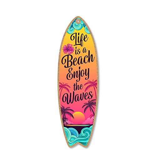 Honey Dew Gifts Life is a Beach Enjoy the Waves, 5 inch by 16 inch Surfboard, Wood Sign, Tiki Bar Decoration, Beach Themed Decor, Decorative Wall Sign, Home Decor