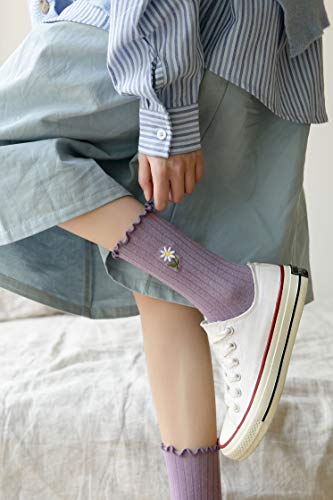 5 Pair Pack - Women's High Ankle Knit Ruffled Daisy Embroidered Dress Socks