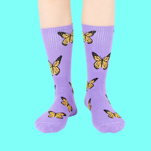 Womens Gils Novelty Funny Funky Crew Socks Colorful Crazy Cute Floral Animal Food Patterned Cotton Dress Socks Gifts，5 Pair Little Butterfly