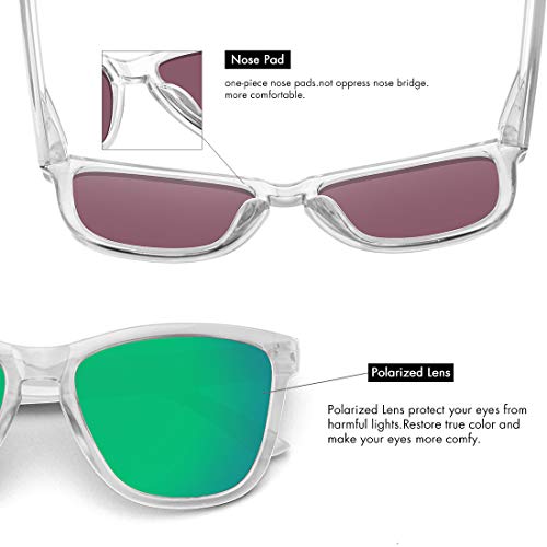 MEETSUN Polarized Sunglasses for Women Men Classic Retro Designer Style UV400 Protection (Clear Frame / Green Mirrored Lens, 54)