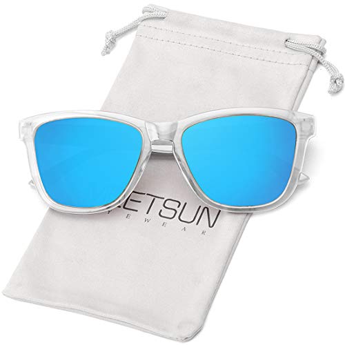 MEETSUN Polarized Sunglasses for Women Men Classic Retro Designer Style (Clear Frame / BLue Mirrored Lens, 54)