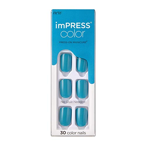 KISS imPRESS Color Press-On Manicure, Gel Nail Kit, PureFit Technology, Short Length, “Beach Waves”, Polish-Free Solid Color Mani, Includes Prep Pad, Mini File, Cuticle Stick, and 30 Fake Nails