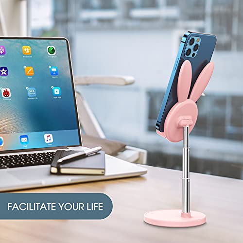 Cute Bunny Phone Stand, Angle Height Adjustable OATSBASF Cell Phone Stand for Desk, Thick Case Friendly Phone Holder Stand, Compatible with iPhone, Kindle, iPad, Switch, Tablets, All Phones (Pink)