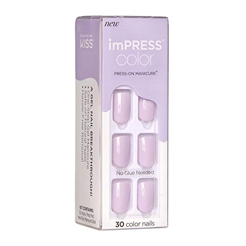 KISS imPRESS Color Press-On Manicure, Gel Nail Kit, PureFit Technology, Short Length, “Picture Purplect”, Polish-Free Solid Color Mani, Includes Prep Pad, Mini File, Cuticle Stick, and 30 Fake Nails