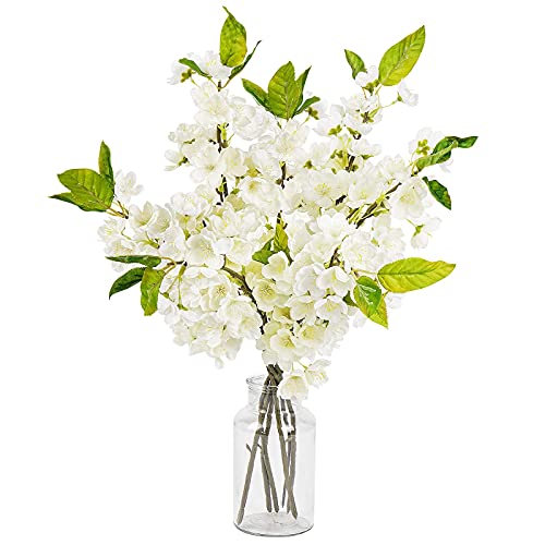 Sunm Boutique 6PCS 20In White Pink Cherry Blossom Flowers Artificial Peach Blossom Flower Silk Cherry Blossom Branches with Leaves White Plum Blossom Flowers for Wedding Home Indoor Outdoor Decor