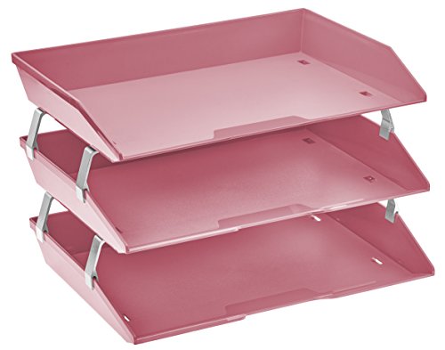 Triple Side Loading Office Desk Supplies Letter Tray, Pink
