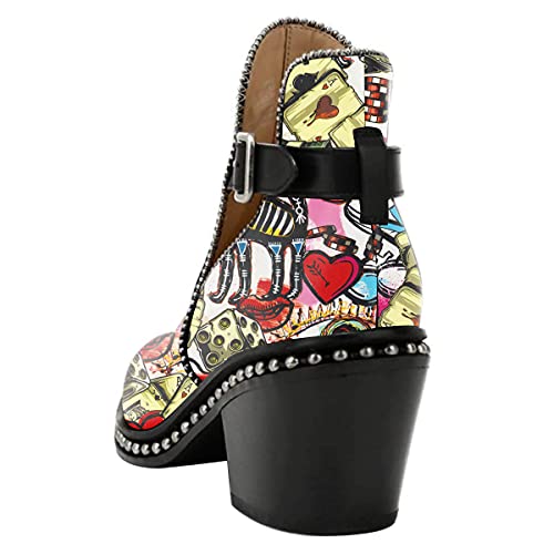 Women's Cartoon Poker Cards Studded Leather Chunky Heel Ankle Boots w/Buckle, Sizes 4 to 15