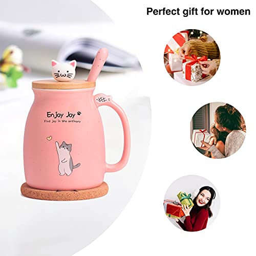 Feify Cute Cat Cup Ceramic Coffee Mug with Kawaii Cat Wooden Lid, Lovely Stainless Steel Spoon, Anime Kitty Thicken Wooden Coaster, Christmas Birthday Gift Cute Thing Japanese Mug 480ML(Pink)