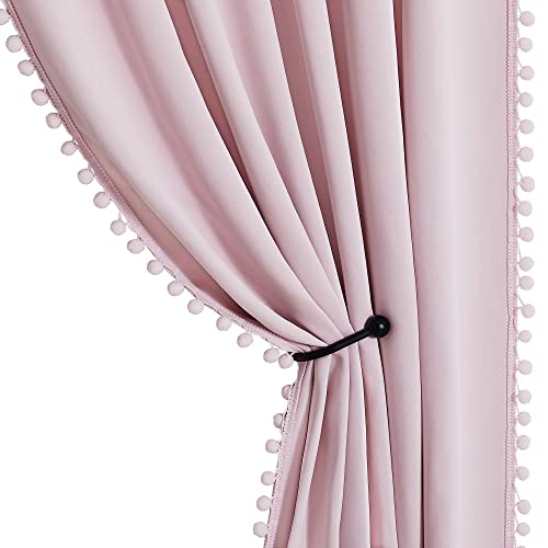 StangH Blackout Curtains for Nursery Girls Room, Thermal Insulated Pink Pompom Room Darkening Curtain Drapes for Babies, Short Cute Curtains for Kitchen / Small Window, W52 x L63, 2 Panels