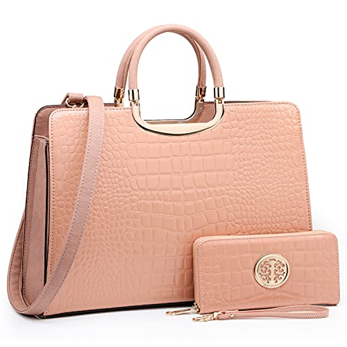 Women's Crocodile Pattern Shoulder Bag Purse w/Handles & Matching Wallet - Pink