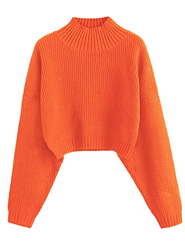 ZAFUL Women's Cropped Turtleneck Sweater Lantern Sleeve Ribbed Knit Pullover Sweater Jumper (1-Orange, M)