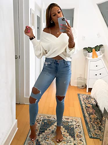 BTFBM Women Casual V Neck Long Sleeve Sweaters Cross Wrap Front Off Shoulder Asymmetric Hem Knitted Crop Solid Pullover(Solid White, X-Large)