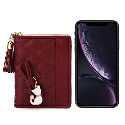 UTO Women PU Leather Small Wallet Cat Pendant Card Phone Holder Zipper Coin Purse Zoey Wine Red