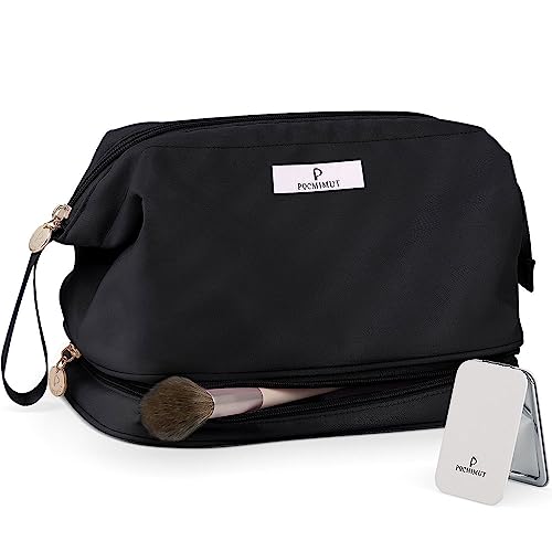 Pocmimut Makeup Bag,Cosmetic Bag for Women Travel Makeup Bag Large Double Layers Make Up Brush Bags Toiletry Bag for Men(Black)