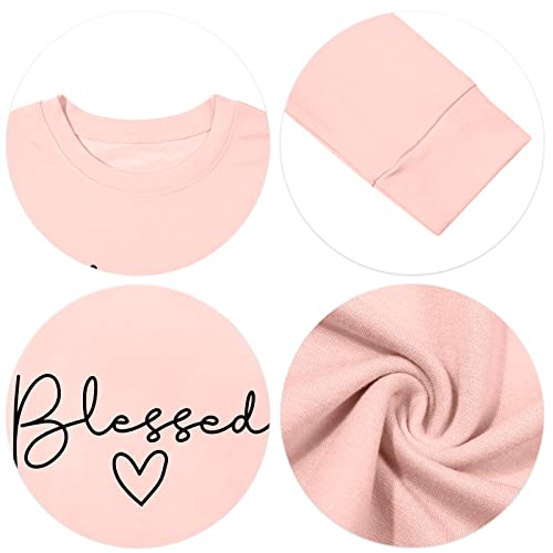 Blessed Sweatshirt for Women Letter Print Lightweight Thanksgiving Pullover Tops Blouse (Pink, Small)