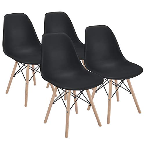Yaheetech Dining Chairs Modern Side Diner Chairs Shell Eiffel DSW Chairs with Beech Wood Legs and Metal Wires for Dining Room Living Room Bedroom Kitchen Lounge Reception, Set of 4, Black
