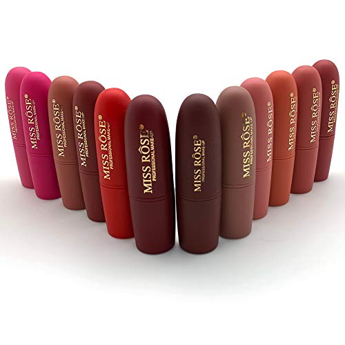 Miss Rose Long-lasting Matte Lipstick Set, 12 PCS Multi Colored featuring full-pigment lip color with a smooth, ultra-matte finish in 12 shades