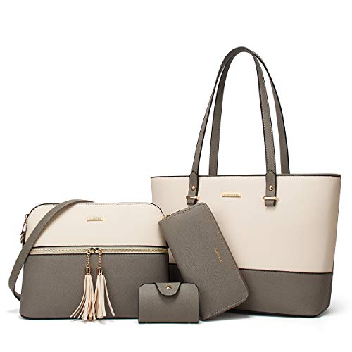 Women's Two-Tone Gray & Beige 4-Piece Tote Bag, Shoulder Handbag, Clutch Wallet & Card Holder Set  (9 colors)